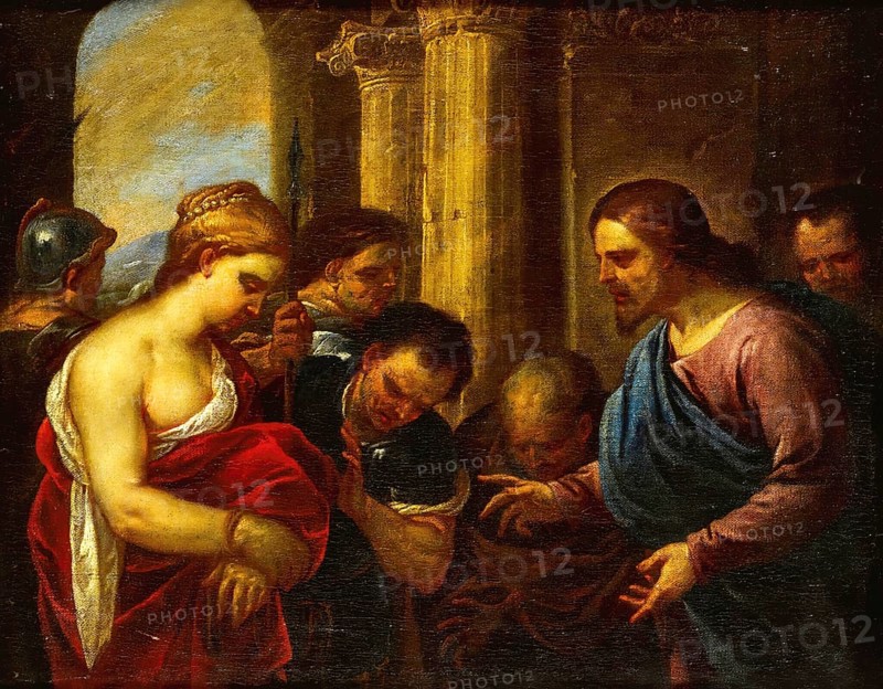 Christ and the Adulteress, painting made by Luca Giordano (Italian, 1634-1705), historically, digitally restored reproduction of a 17th-century original, exact date unknown, Christ and the Adulteress, painting made by Luca Giordano (Italian, Historically, digitally restored reproduction of a 17th-century original, exact date unknown