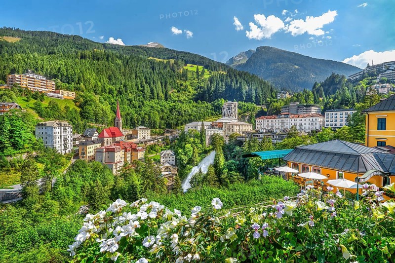 Panorama of the historic town centre with waterfall of the Gasteiner Ache, Bad Gastein, Gastein valley, Hohe Tauern, Pongau, Salzburg province, Austria, Europe