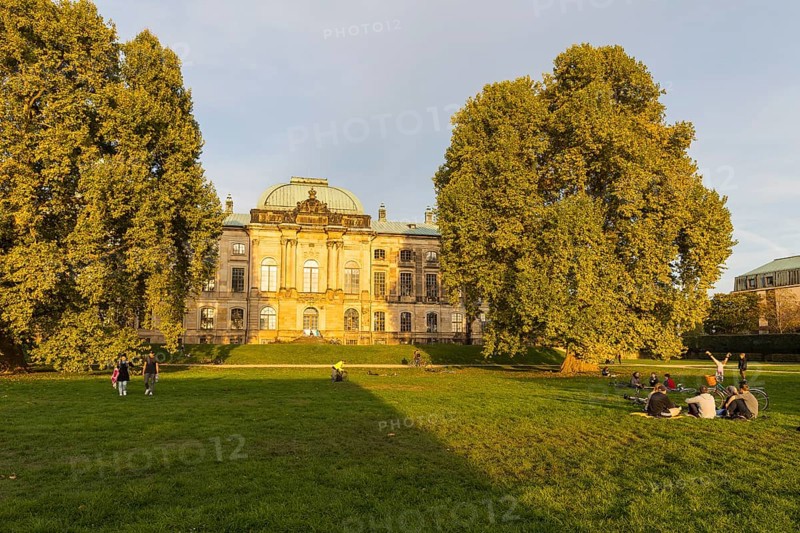 Japanese palace in the evening light, Elbe side with people on the meadow, Dresden, Saxony, Germany, Europe