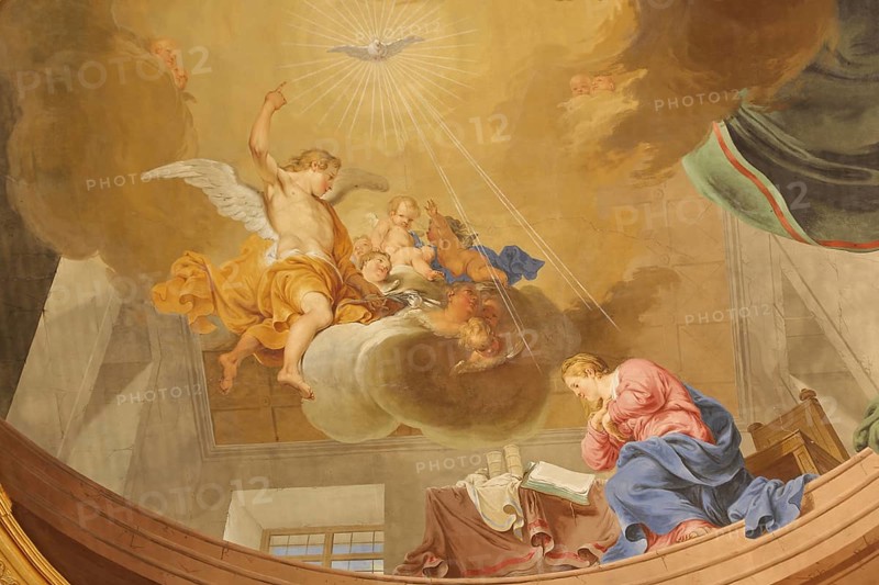 Ceiling fresco Annunciation of the Lord to Mary by Januarius Zick 1783, Rococo, angel, rays of light, message, God, message, proclaim, Saint Spirit, birth, Jesus, craftsmanship, painting, interior view, monastery church, St. Peter and Paul, Oberelchingen, Elchingen, Upper Swabia, Swabia, Bavaria, Germany, Europe