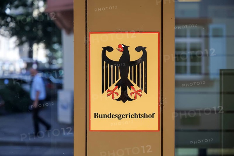 Karlsruhe, Baden-Württemberg, Germany, Federal Court of Justice, sign with the Federal Eagle emblem and lettering in front of the Federal Court of Justice building, Europe