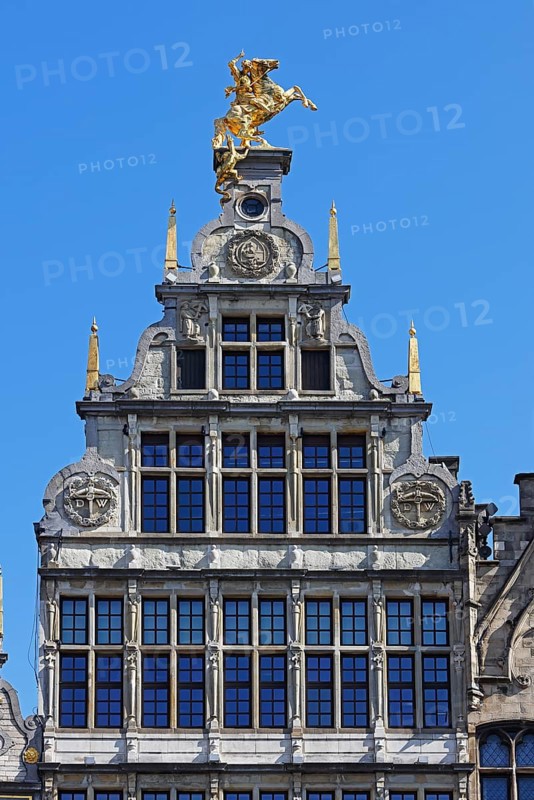 Historic Sint-Joris guild house, guild house, figure on the gable of St George slaying dragons, Grote Markt, Old Town, Antwerp, Flanders, Belgium, Europe