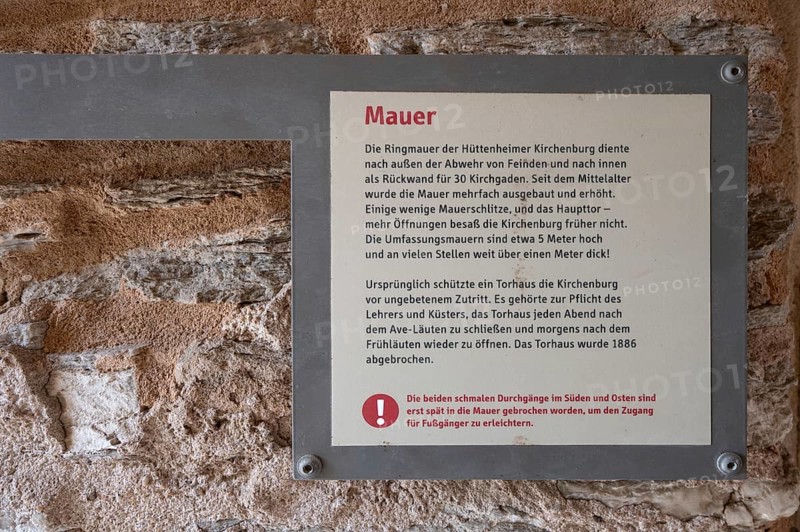 Information board about the curtain wall of the fortified church, Hüttenheim, Lower Franconia, Bavaria, Germany, Europe