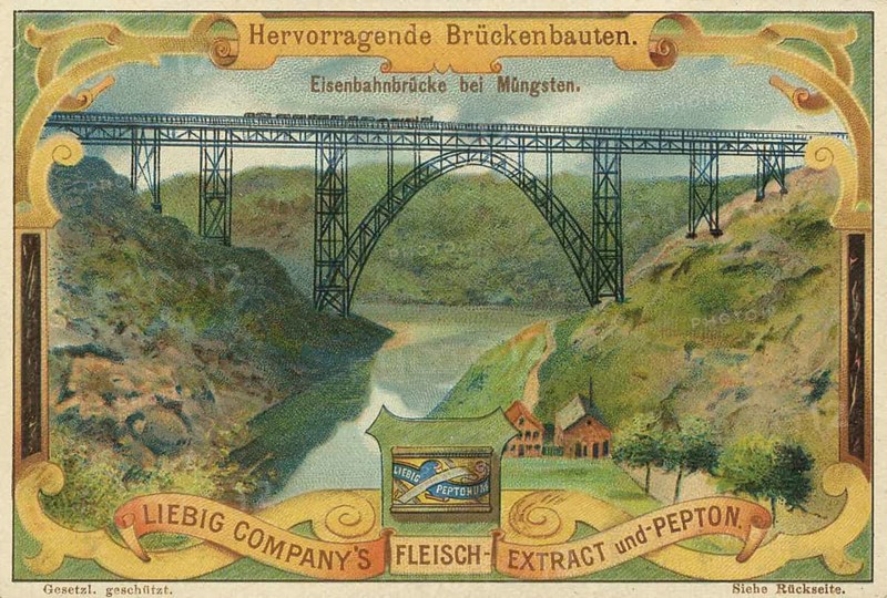 Picture series Outstanding bridge constructions, railway bridge near Müngsten, Germany, Liebig picture, digitally restored reproduction of a collection picture from ca 1900, public domain, exact date unknown, view of the railway bridge near Müngsten in a green landscape, Europe