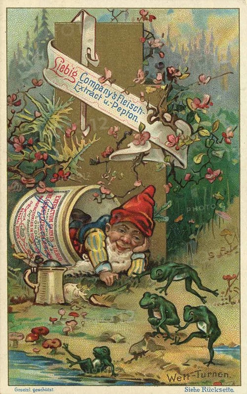 Picture series In the world of dwarfs, frog gymnastics competition, Liebig picture, digitally restored reproduction of a collector's picture from around 1900, public domain, exact date unknown, A dwarf looks out of a barrel, surrounded by frogs and flowers, in a forest-like setting