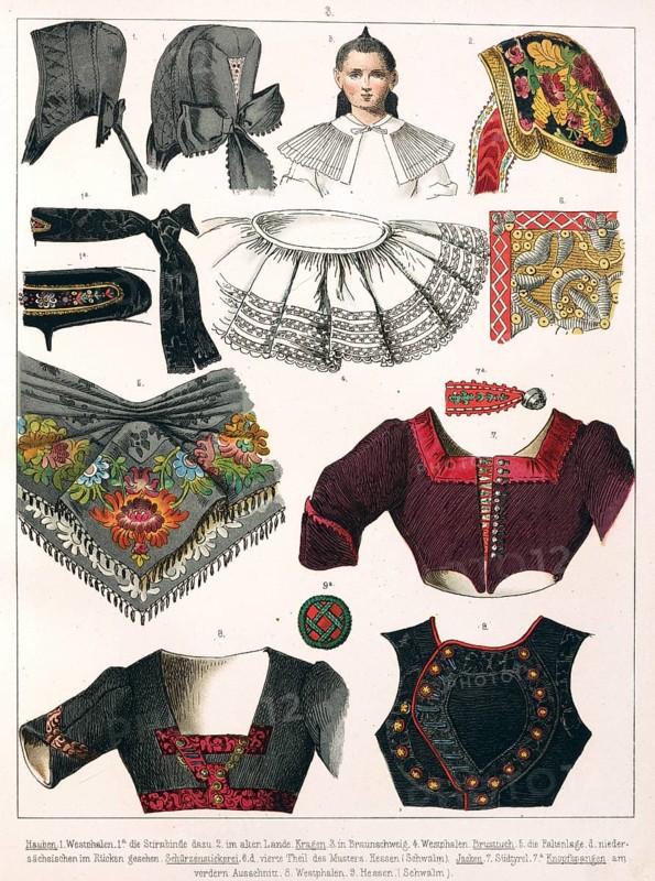 Traditional costumes in Germany around 1820, various clothing details, traditional garments with embroidery and collars from various regions, digitally retouched reproduction of a model from around 1850, by Albert Kretschmer (27 February 1825, 11 July 1891), German painter and traditional costume expert