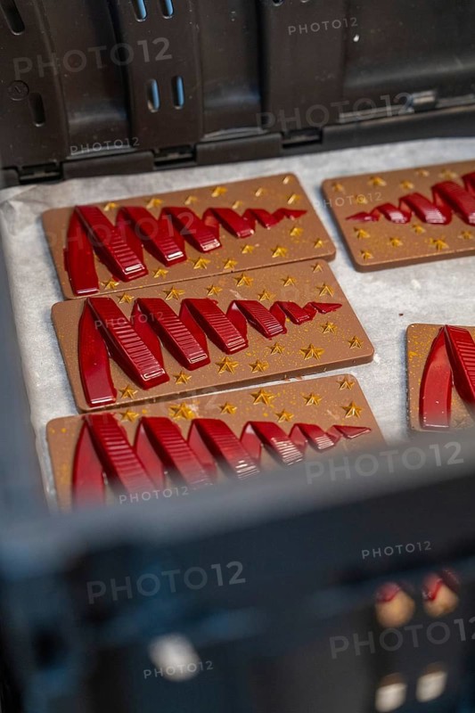 Chocolate bars with red patterns and golden stars in a box, Christmas baking, Black Forest, Germany, Europe