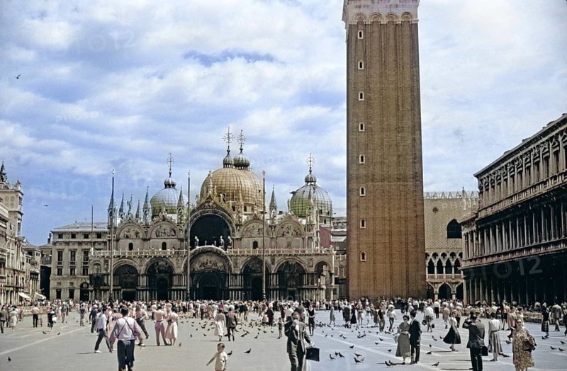 St Mark's Square, Piazza san Marco, Venice, Italy, Europe 1956 colourised image from Ektachrome slide, Europe