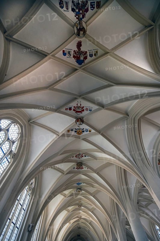 Vault with coat of arms in the late Gothic mortuary, burial place of the cathedral canons, consecrated in 1498, Cathedral of St Salvator or St Willibald, Eichstätt, Upper Bavaria, Germany, Europe