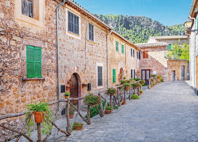 Historic district cobblestone street, Valldemossa, Mallorca, Balearic Islands, Spain, Europe