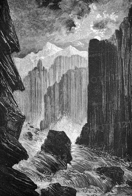 Rushing mountain stream in the Peruvian Andes highlands, rapids, steep rocks, mountain landscape, geology, tectonics, travelling, Peru, historical illustration 18888, South America