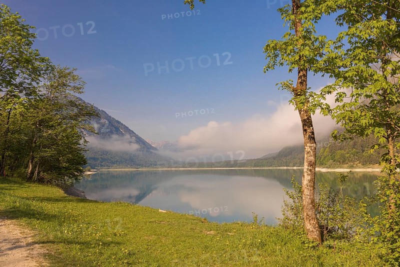 Early morning at the Sylvenstein reservoir, Reservoir in the Isarwinkel, municipality of Lenggries, built between 1954 and 1959 for flood protection in the Isar valley