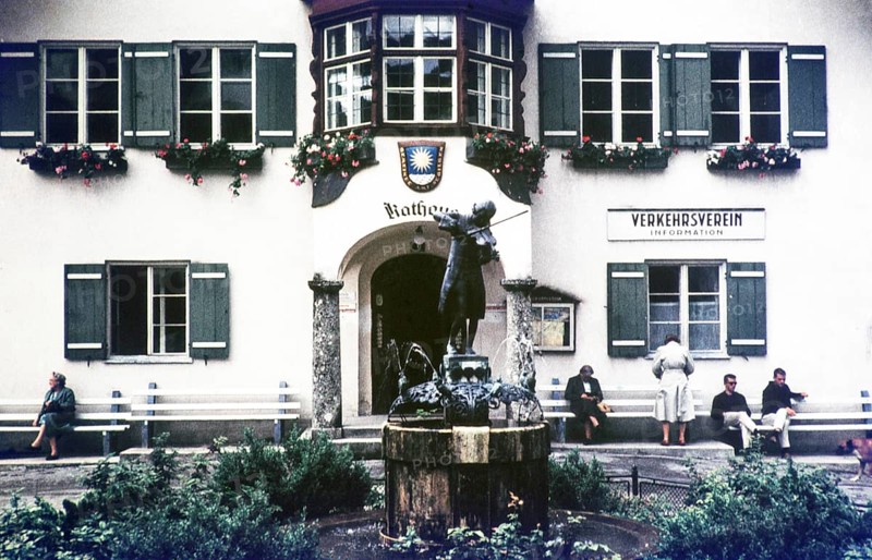 Mozart fountain and town hall, St. Gilgen, Salzburg province, Salzkammergut, Austria, Europe 1960, Europe