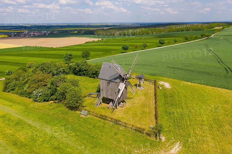 Aerial view of Liebschützberg with buck windmill, in the background the district of Laas, district of North Saxony, Saxony, Germany, Europe
