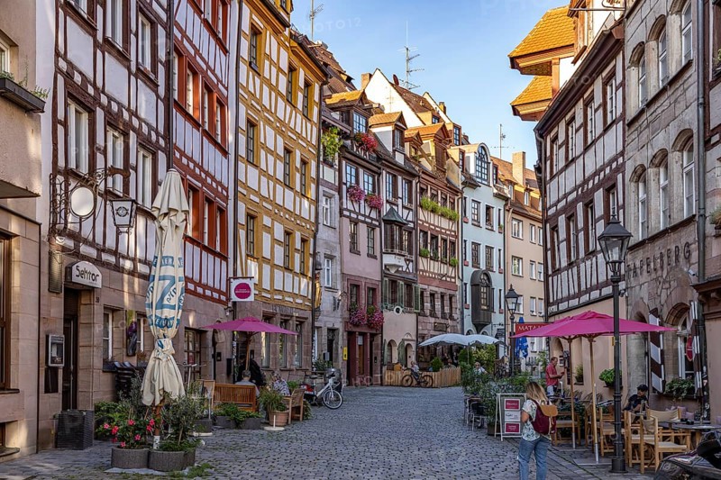 Half-timbered houses in the historic Weißgerbergasse in Nuremberg, Bavaria, Germany, Europe