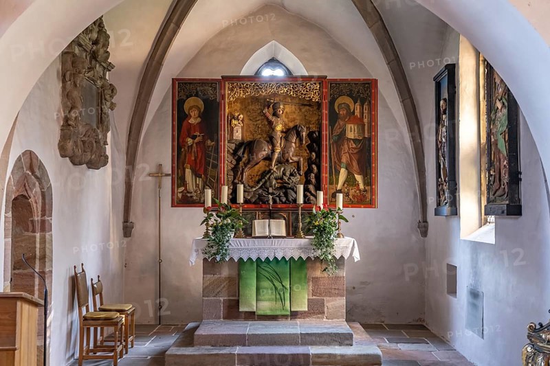 Altar of the fortified church of St George in Kraftshof, Nuremberg, Bavaria, Germany, Europe