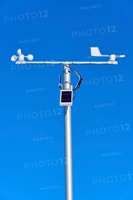Meteorological instrument for measuring wind conditions under a blue sky, Wasserkuppe, Gersfeld, Rhön, Hesse, Germany, Europe