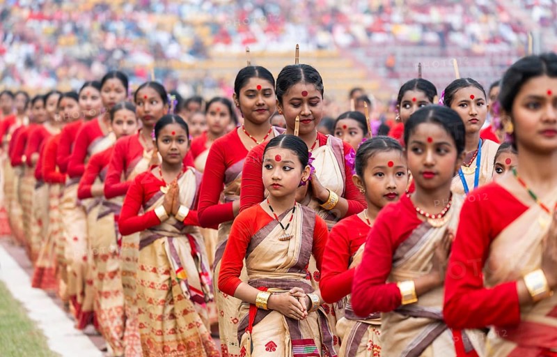 Students arrives to perform Bihu dance as they participate in Samutkarsh Mahashivir organised by Vidya Bharati Purvottar Kshetra at Indira Gandhi Athletic stadium on January 31, 2025 in Guwahati, India, Asia