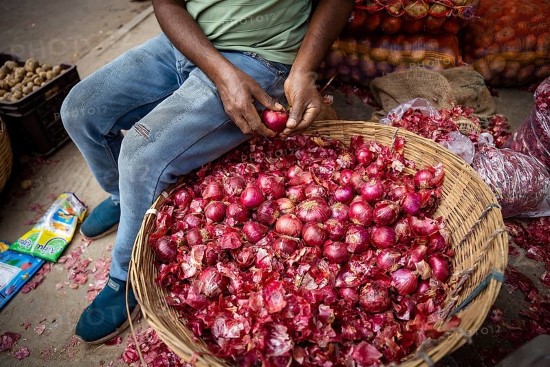 Onions displayed for sell in a market