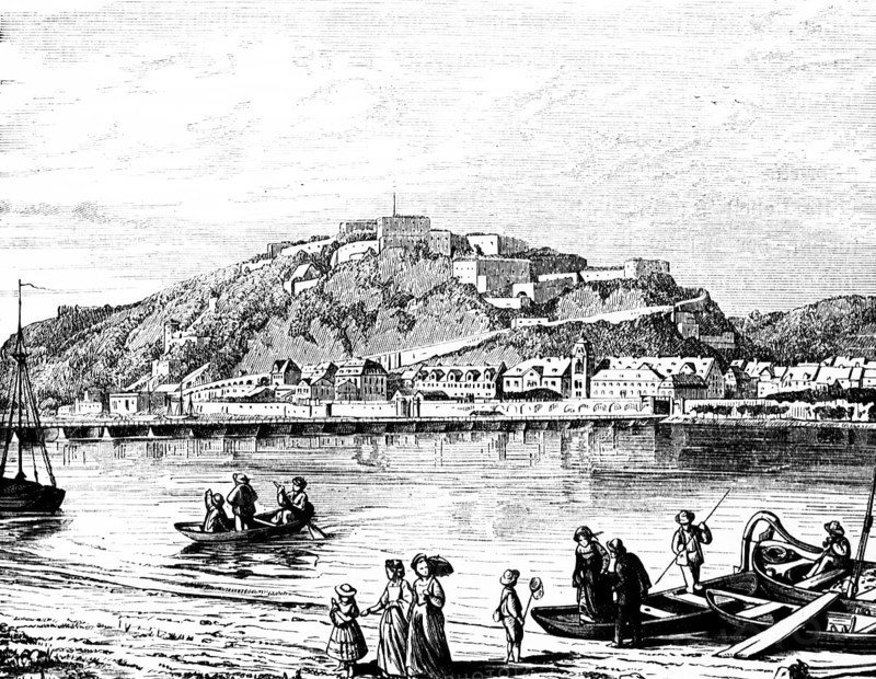 Ehrenbreitstein Fortress from the 16th century, today with the Koblenz State Museum, Upper Middle Rhine Valley, old town view, rowing boats, ferryman, journey, Rhineland-Palatinate, Germany, historical illustration 1885, Europe