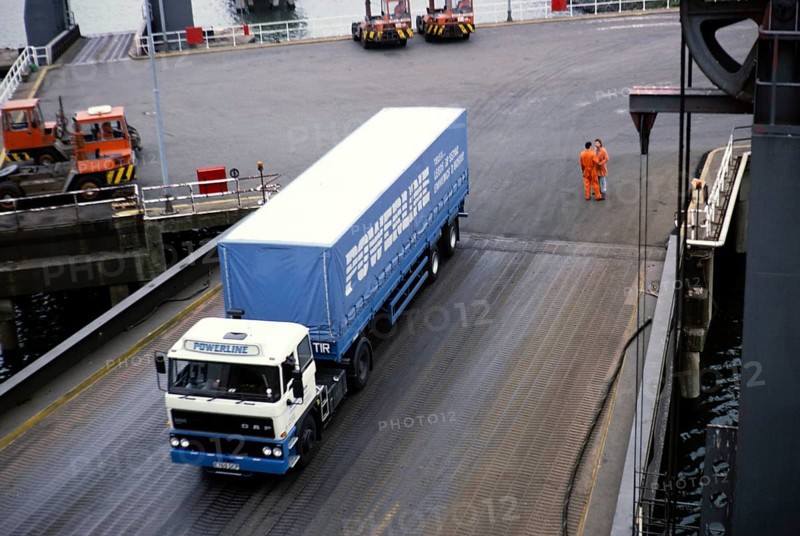 Truck driving onto the North Sea ferry Norsun, harbour of Rotterdam, Netherlands, around 1987