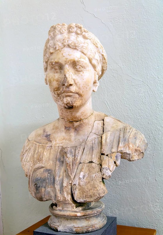 Carved marble portrait of aristocratic Roman woman in archaeology museum, Apollonia Archaeological Park, Albania, Europe