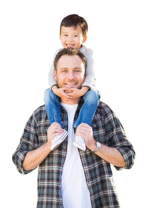 Happy Mixed-race father and son riding piggyback isolated on a white background