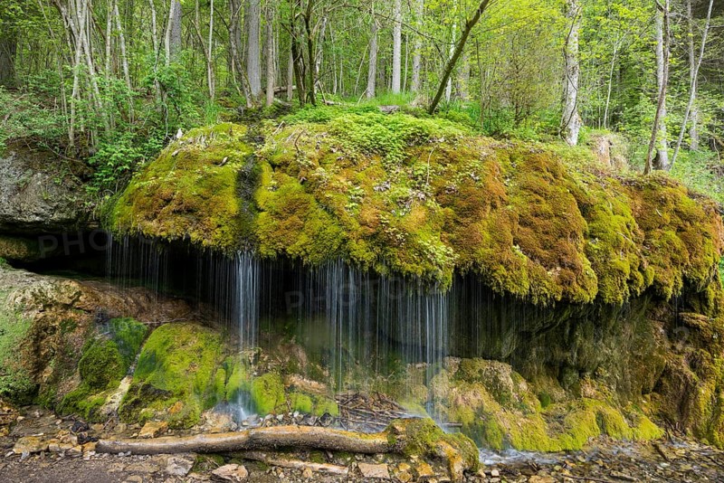 Moss-covered rocks and waterfall, Wutach Gorge, Bonndorf, Baden-Württemberg, Black Forest, Germany, Europe