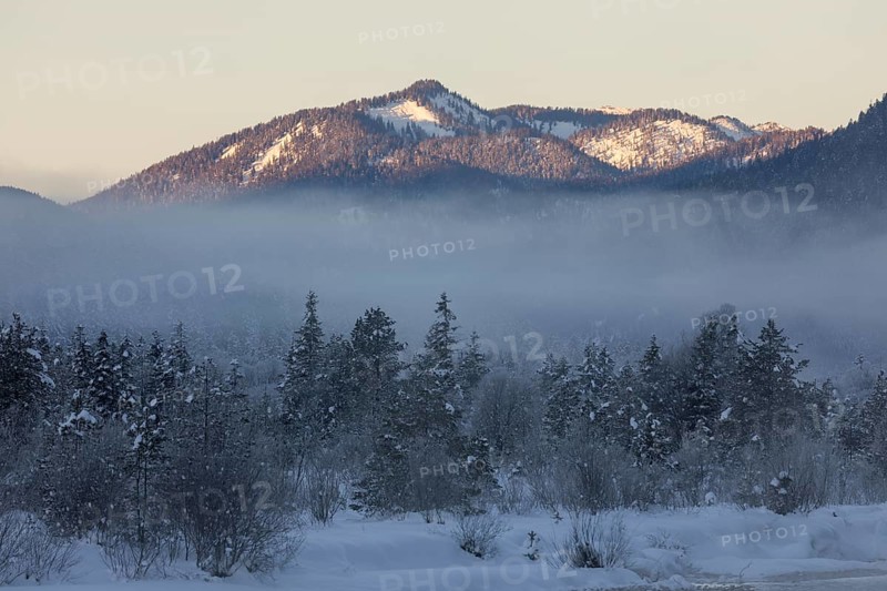 Isar valley in winter at temperatures of minus 18 degrees Celsius. Snow covered landscape with the Isar river flowing through. Some hoar frosted trees. Early morning at sunrise