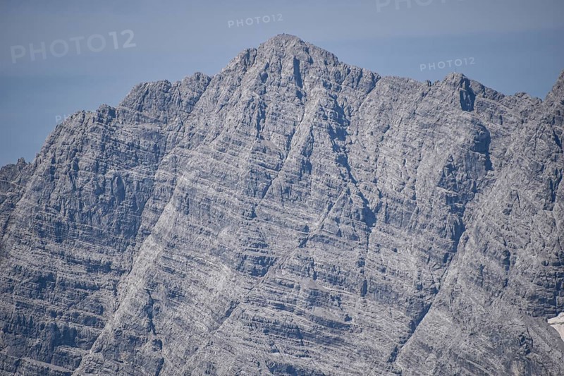 The upper part of the Watzmann east face, famous among mountaineers, in the fall line of the summit you can recognise the bivouac box, Berchtesgaden National Park, Bavaria, Germany, Europe