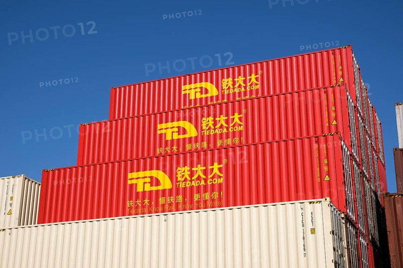Duisburg, Ruhr Area, North Rhine-Westphalia, Germany - Red Chinese Tiedada containers, Duisburg harbour, containers at the container terminal in Duisburg Ruhrort