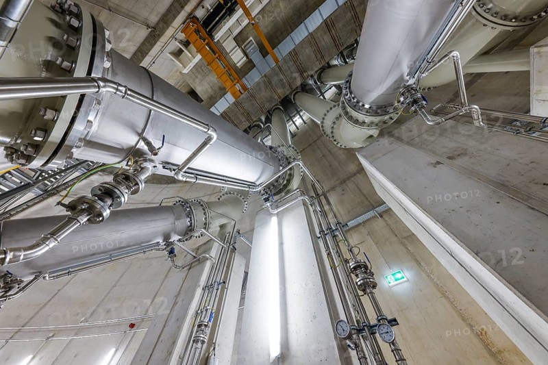 Oberhausen, Ruhr area, North Rhine-Westphalia, Germany - Emscher conversion, new Emscher AKE sewer, here the new Oberhausen pumping station, the engine room with the pumps that will pump 16, 000 litres of wastewater per minute in the future, the ecological conversion of the Emscher system consists of the construction of a central wastewater treatment system in the Ruhr area, the construction of sewers and the renaturation of the Emscher and its tributaries
