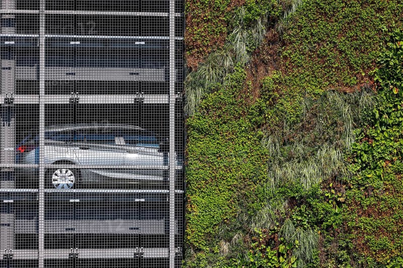 Bottrop, North Rhine-Westphalia, Germany, Wall-mounted façade greening at the P+R car park at Bottrop station. The plants on the 80 square metre surface act as a natural air conditioning system, improve the urban climate, bind dust, cool the surroundings through the evaporation of their leaves and increase biodiversity, Europe