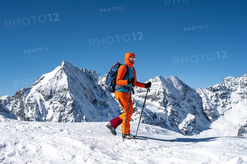 Ski tourers on foot, snow-covered mountain landscape in winter, view of mountain peaks Königsspitze, Monte Zebru and Ortler, Ortler Alps, Vinschgau Valley, Italy, Europe