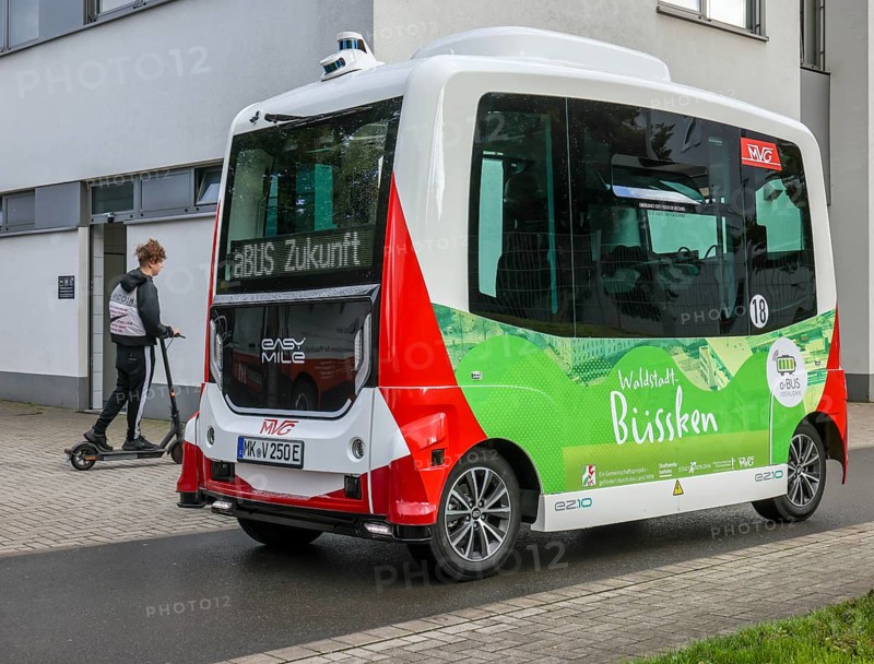 Iserlohn, North Rhine-Westphalia, Germany - Autonomous electric buses at the city railway station, a total of two automated electric buses run on a 1.5 kilometre test route between Iserlohn railway station and the campus of the South Westphalia University of Applied Sciences on regular services