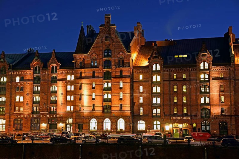 Europe, Germany, Hamburg, historic warehouse district, view from the customs canal to the former brick warehouses, coffee roasting plant, Hamburg, Hamburg, Federal Republic of Germany, Europe