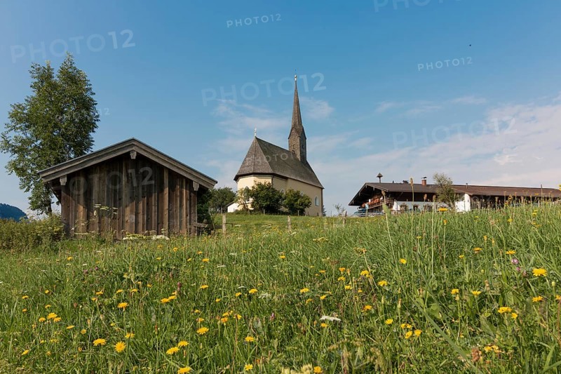 View of the church St. Nikolaus, flower meadow, Einsiedl, Inzell, Bavaria, Germany, Europe