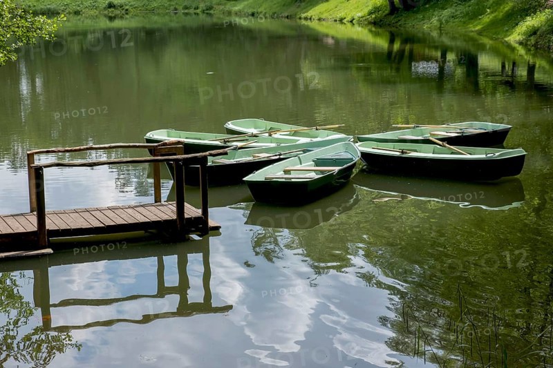 Boats anchored on the Hilschweiher, Edenkobener Tal, Palatinate Forest, Palatinate, Rhineland-Palatinate, Germany, Europe