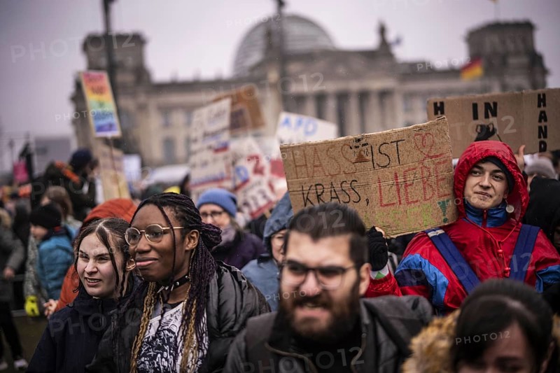 150, 000 people gather around the Bundestag in Berlin to build a human wall against the shift to the right in society. We are the firewall chanted demonstrators from a wide range of social groups. Recordings on 03.02.2024 in Berlin