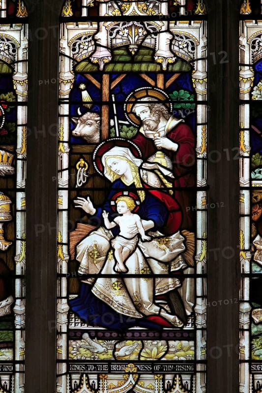 Church of Saints Peter and Paul, Pettistree, Suffolk, England, UK stained glass window birth of Jesus Christ