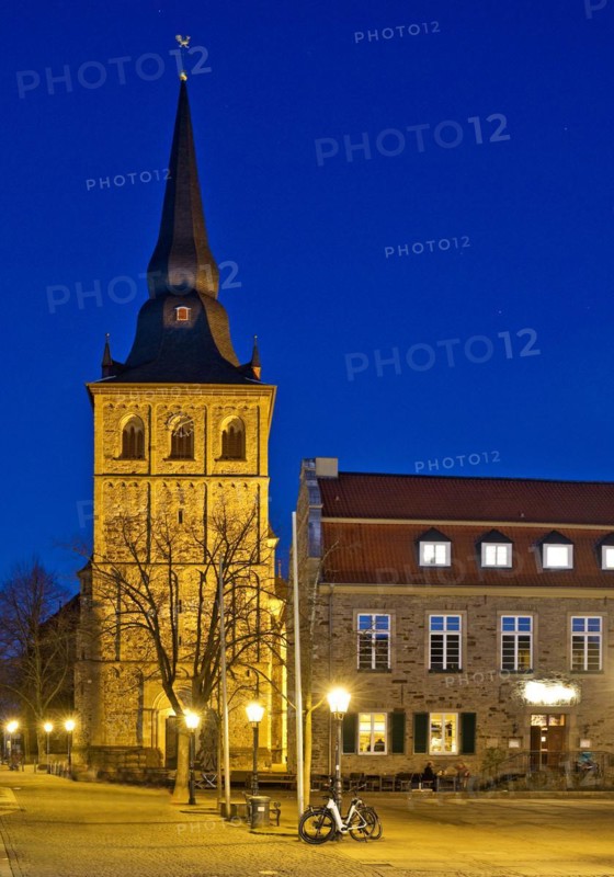 Market square with St Peter and Paul Church and community centre in the evening, Old Town, Ratingen, Bergisches Land, North Rhine-Westphalia, Germany, Europe