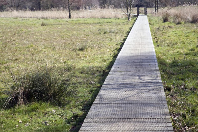 A wooden boardwalk across wet marshy field forming an art work High Water Mark 2048 by Jonathan Keep, Snape, Suffolk, England, UK