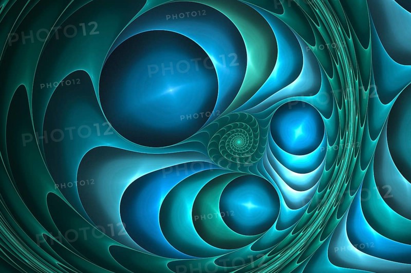 Digital abstract blue and green spiral fractal background on the black