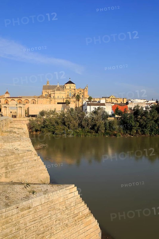 River Rio Guadalquivir and historic Mezquita cathedral buildings, Great Mosque, Cordoba, Spain, Europe