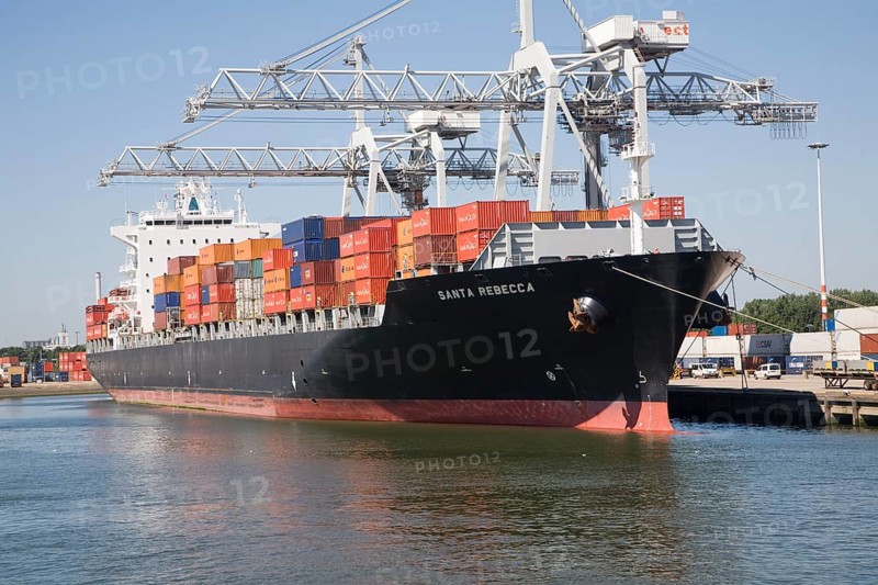 Container ship 'Santa Rebecca' and cranes, Port of Rotterdam, Netherlands
