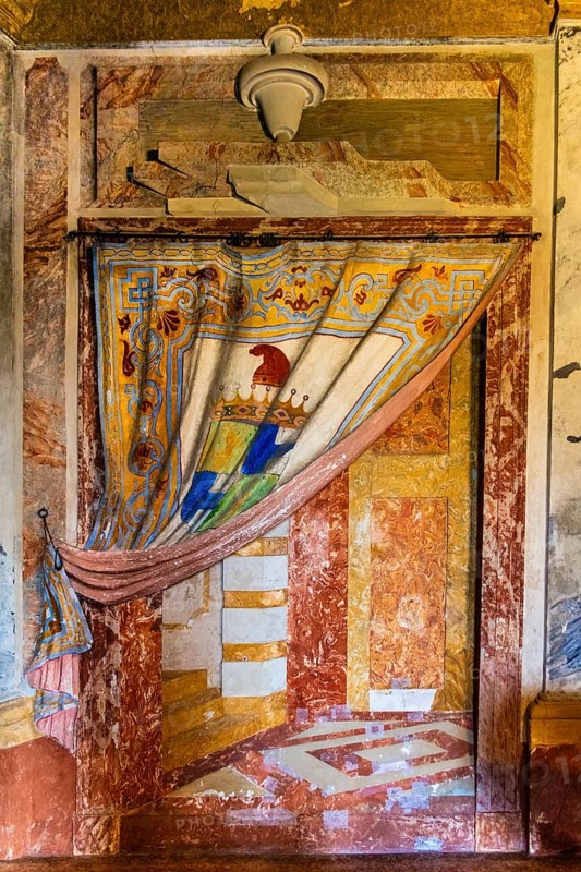 Sala del Doge with multicoloured stucco, curtain with family coat of arms, 17th century Villa Manin, residence of Ludovico Manin, the last Doge of Venice, Codroipo, Friuli, Italy, Codroipo, Friuli, Italy, Europe