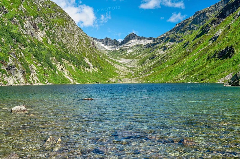 Dorfer See in the background the Kalser Tauern, mountain lake, blue sky, Dorfertal, Hohe Tauern National Park, Kals am Großglockner, East Tyrol