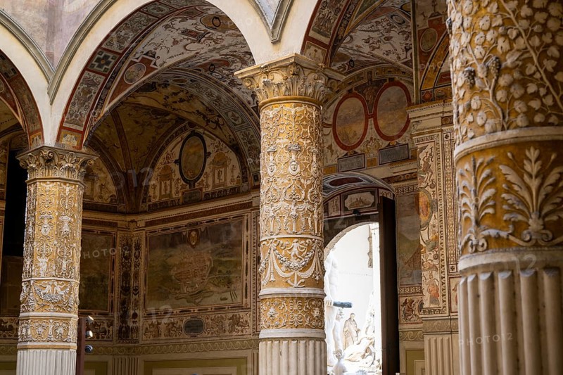 The courtyard of Palazzo Vecchio, Florence, wall paintings, UNESCO World Heritage Site, Tuscany, Italy, Europe