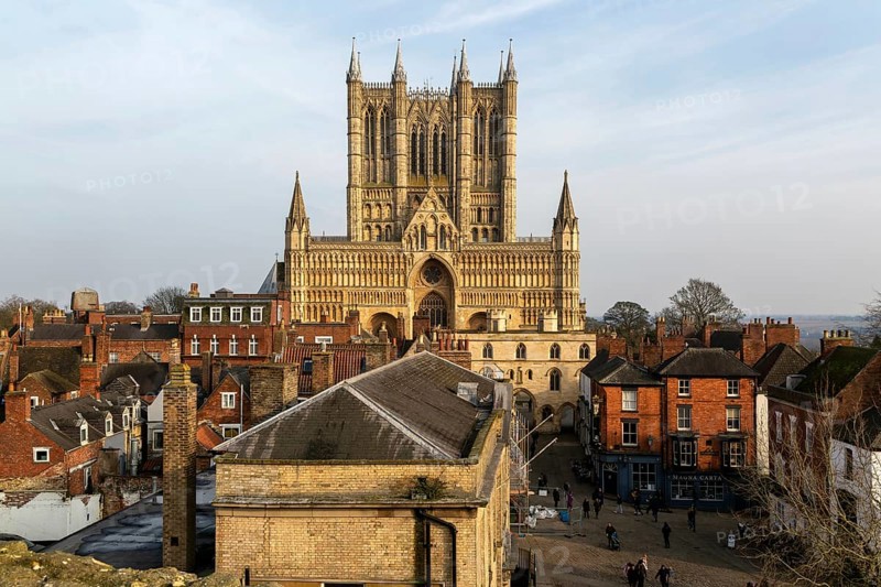 West frontage of Lincoln cathedral church viewed from castle walls, city of Lincoln, Lincolnshire, England, UK