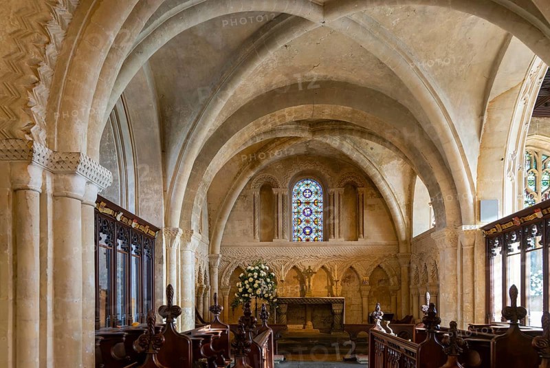 Norman chancel and sanctuary architecture with rib vaulting, church of Saint John the Baptist, Devizes, Wiltshire, England, UK